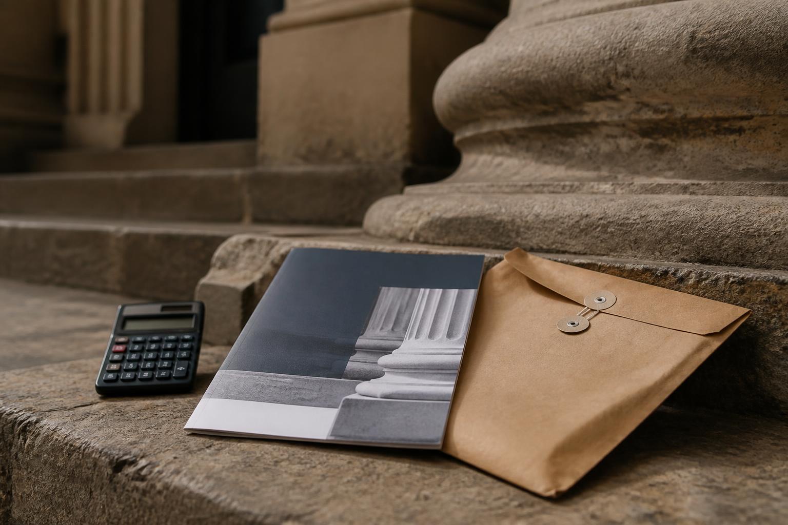 A calculator, folder, and envelope rest on stone steps near columns