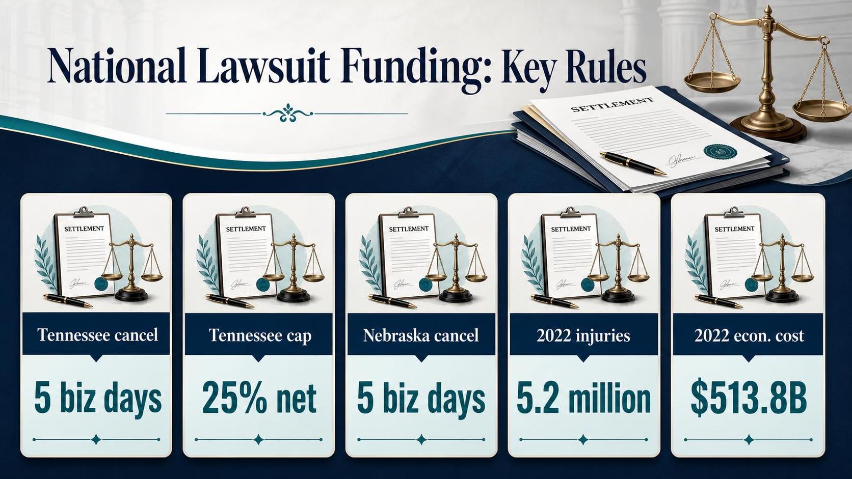 A legal-themed graphic shows settlement documents, scales, and five information cards
