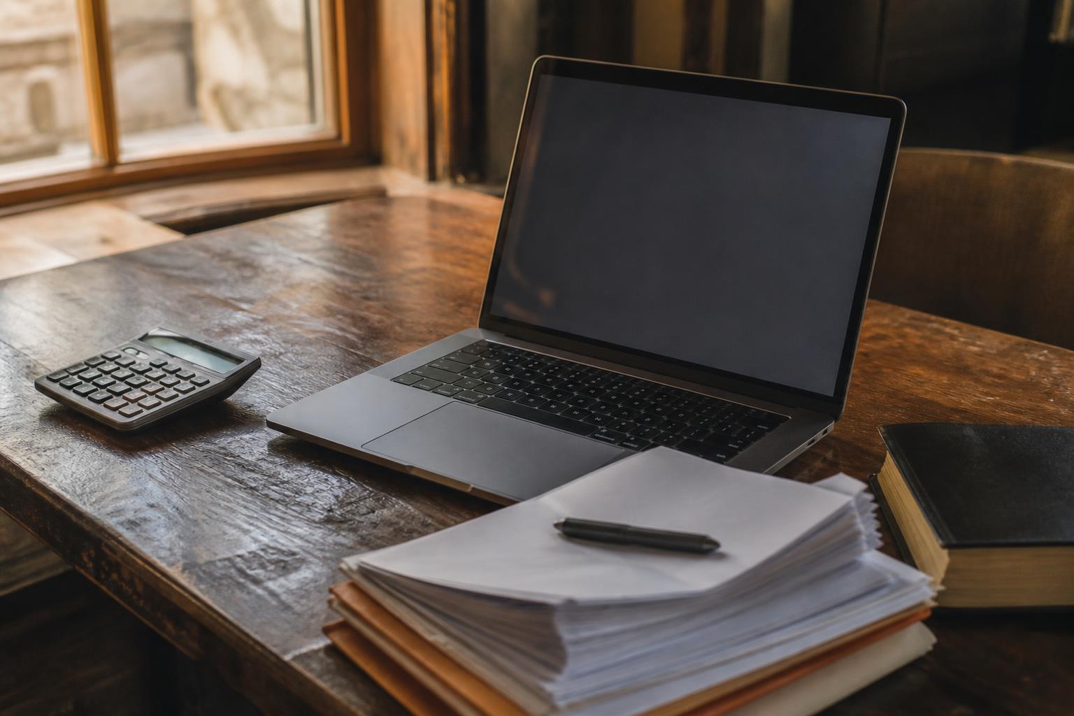 Laptop, calculator, paper stack, pen, and book on a wooden desk near a window