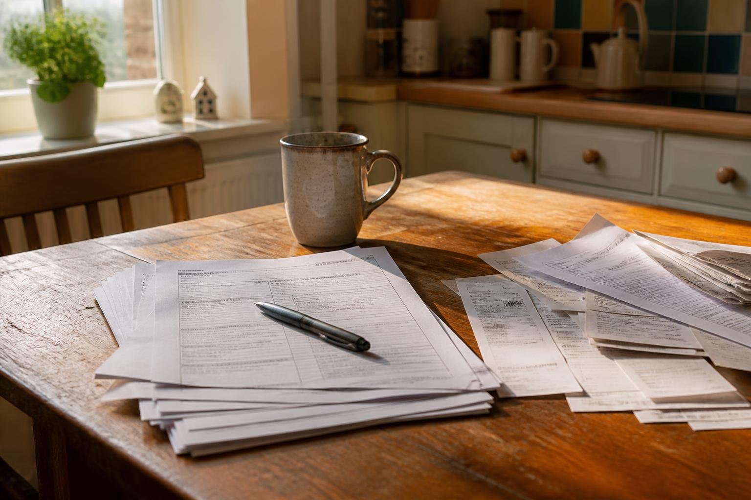 Scattered papers, receipts, a pen, and a ceramic mug on a sunlit kitchen table