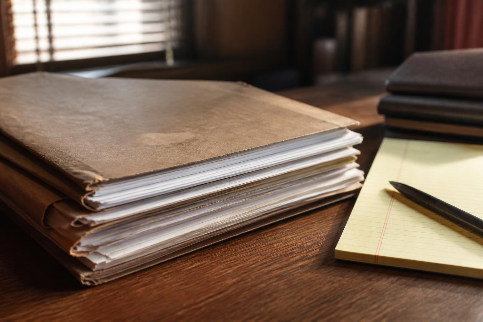 Stacked brown file folders and a yellow legal pad with pen on a wooden desk