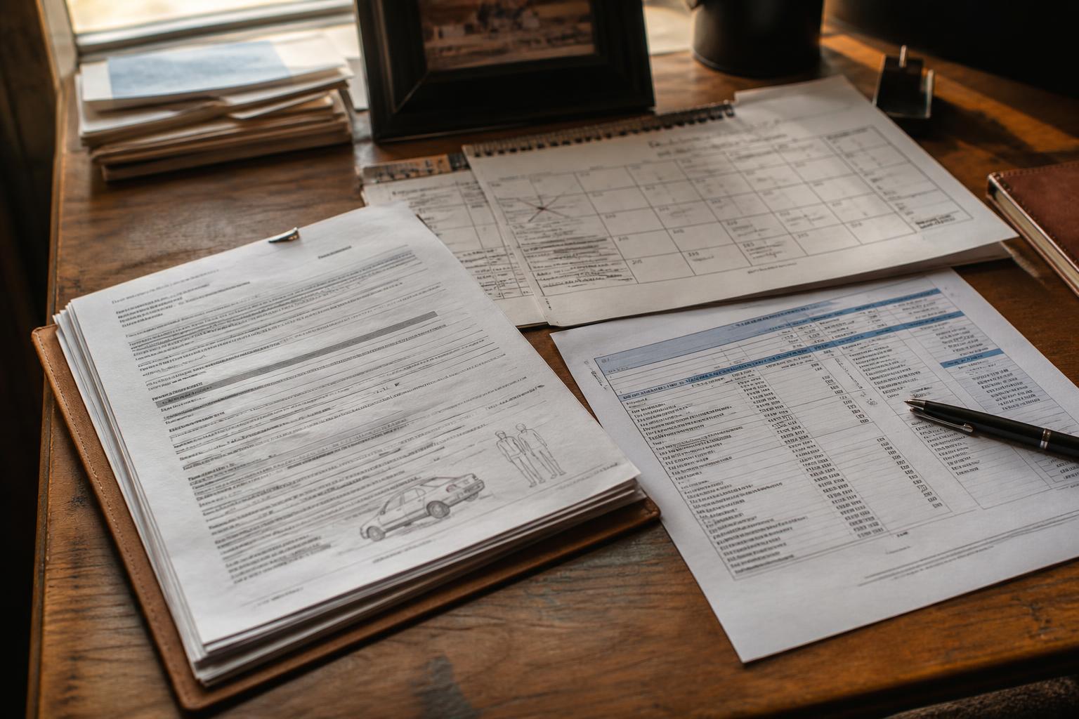 Printed forms with car and body diagrams, spreadsheets, and a pen on a wooden desk
