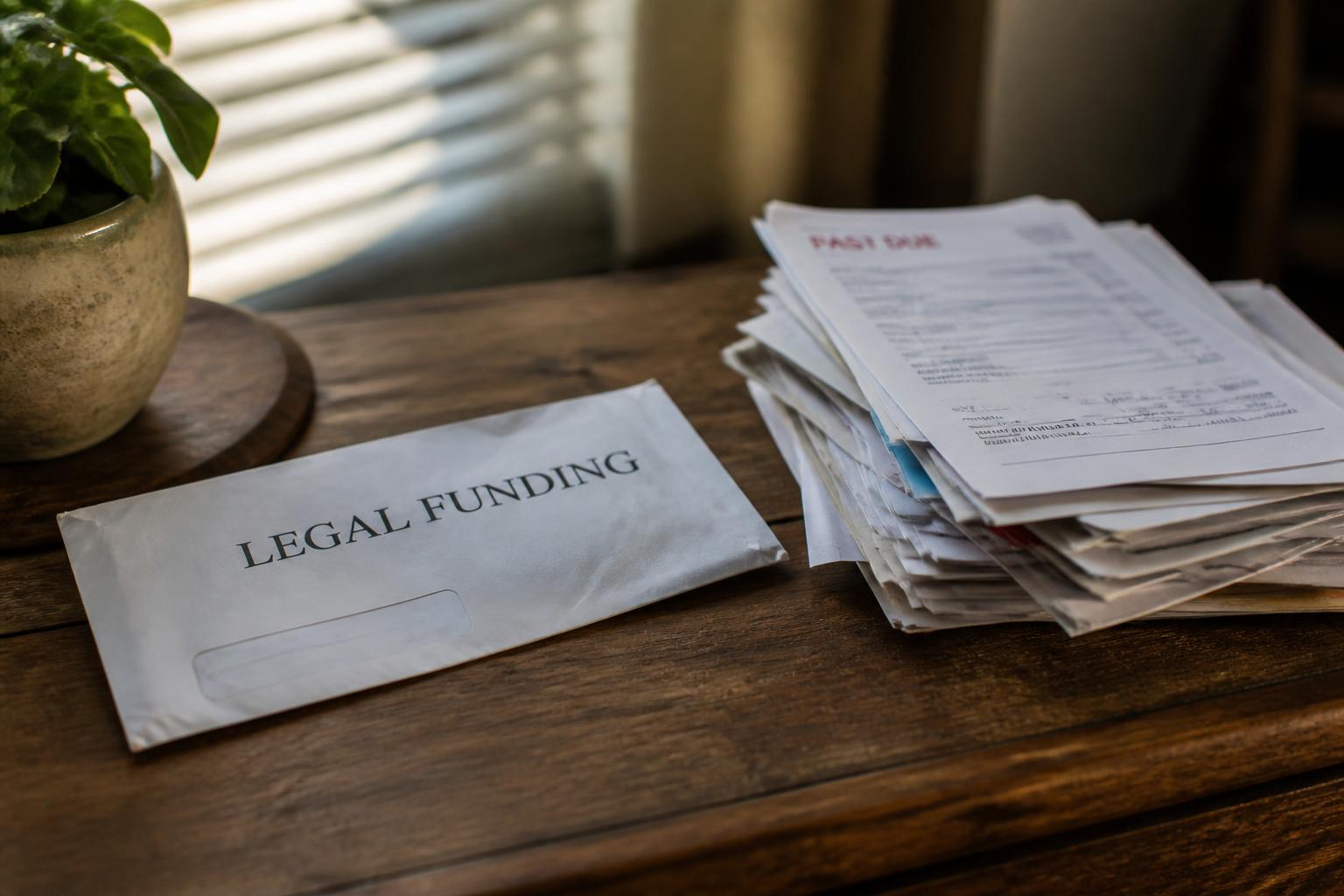 Envelope labeled LEGAL FUNDING, a stack of past-due bills, and a potted plant on a wooden table