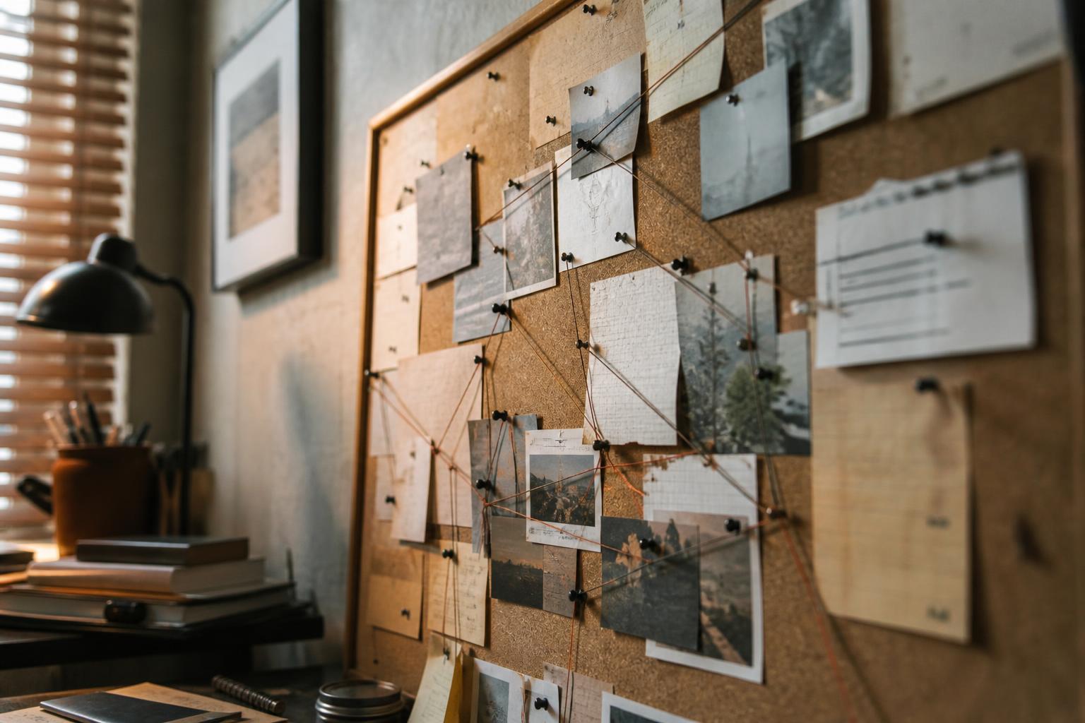 Cork board covered with pinned photos and string beside a desk lamp and books