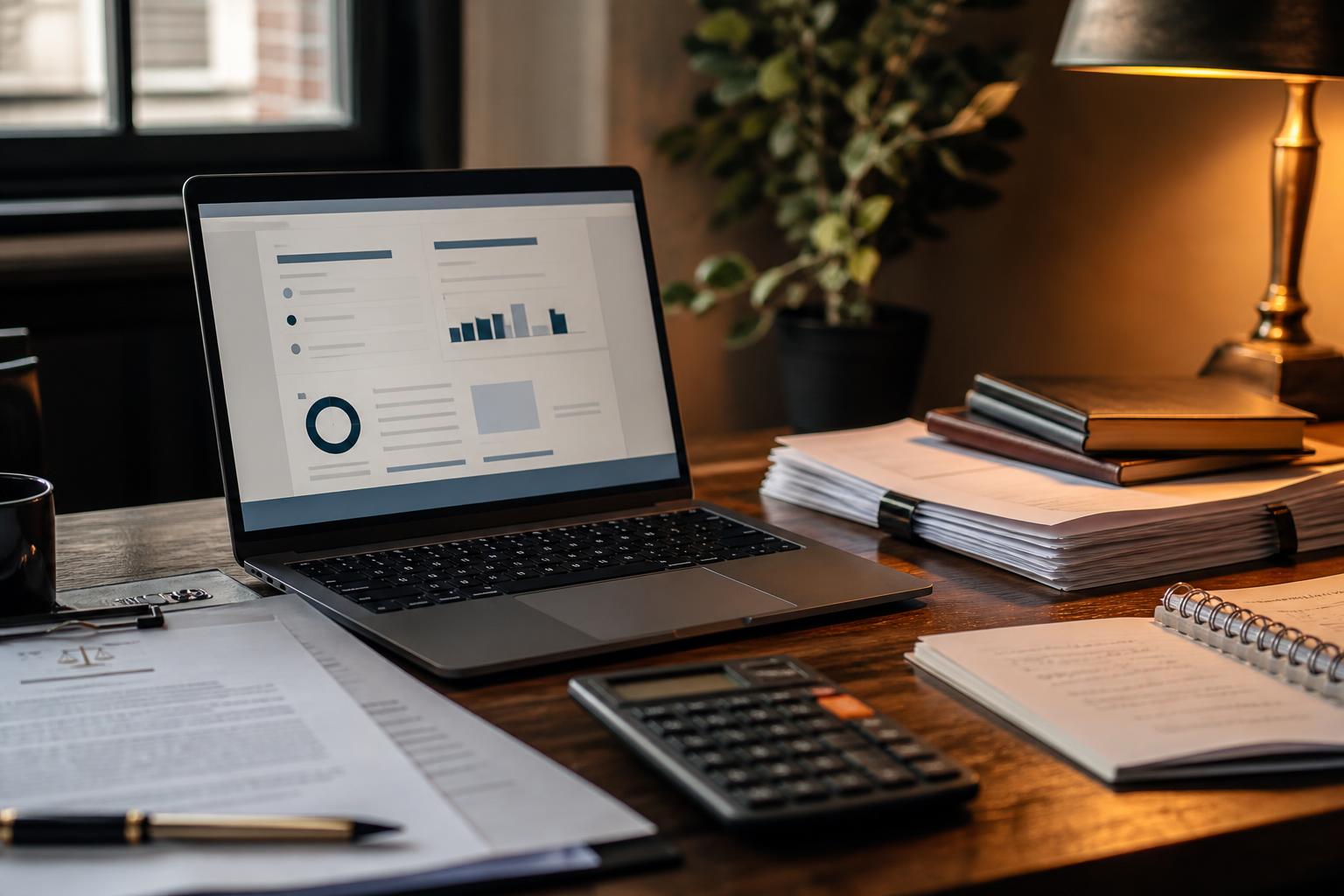 Laptop displaying charts and graphs beside a calculator, notebook, documents, and desk lamp
