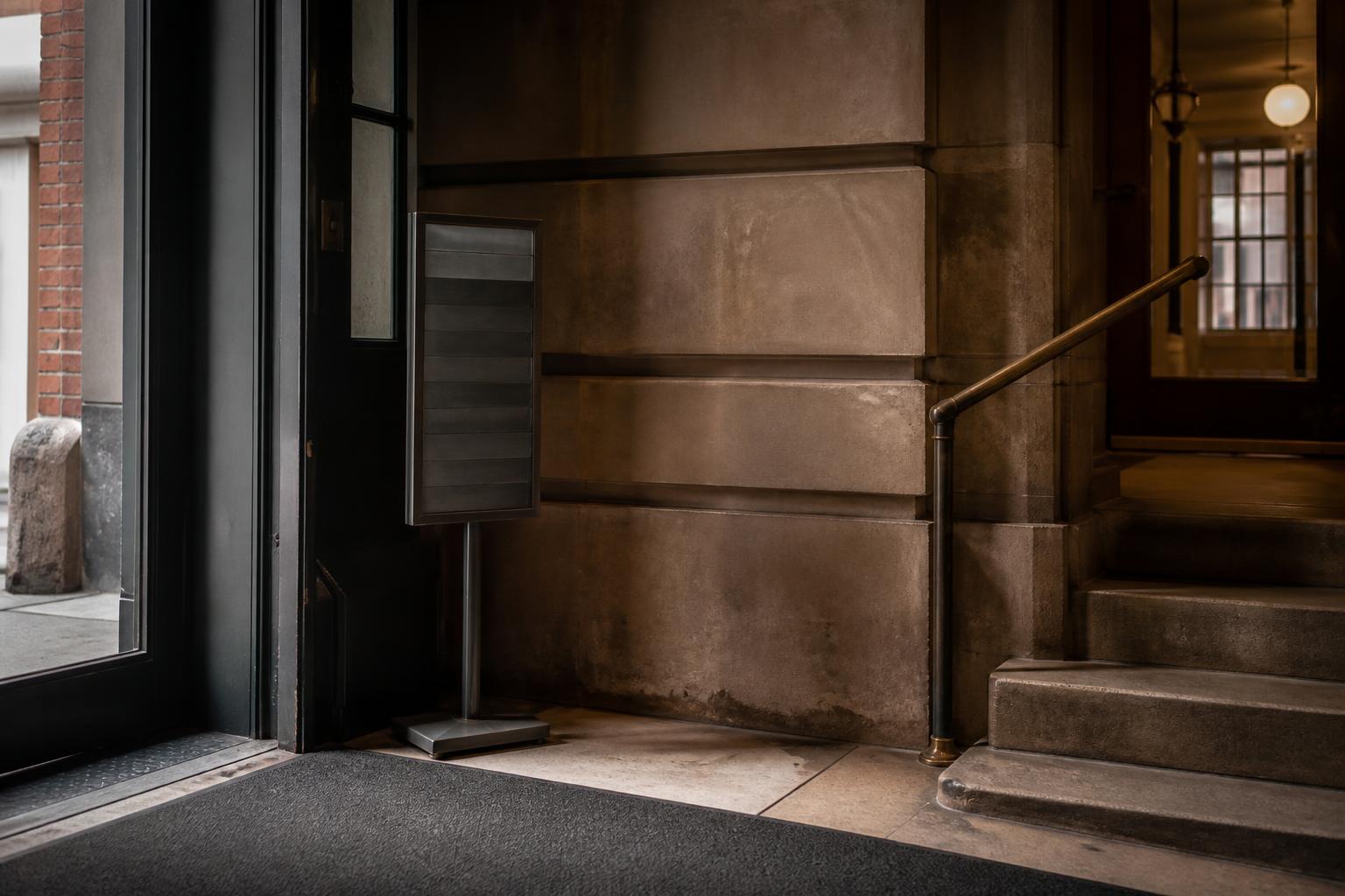 A lobby entrance shows stairs, a handrail, stone walls, and a freestanding sign