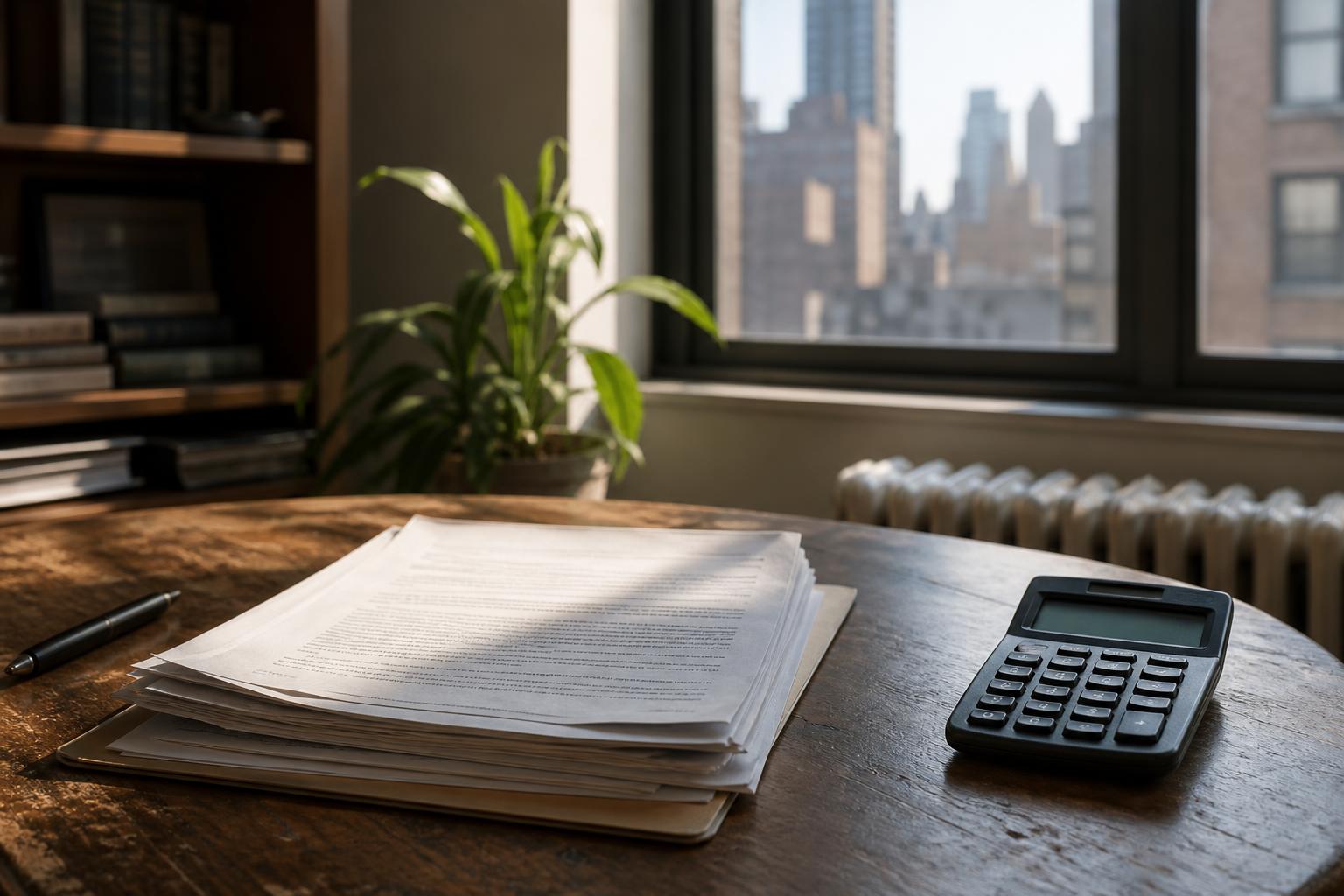 Papers, a calculator, and a pen sit on a table near a window