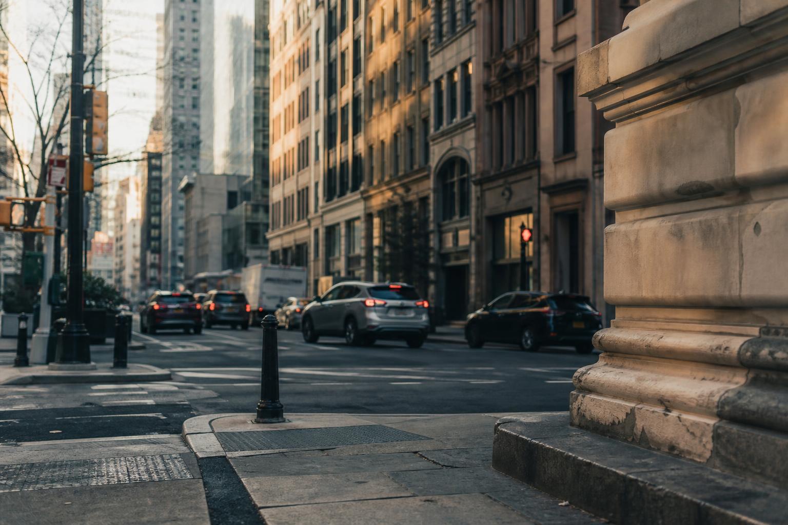 Cars drive along a city street lined with tall buildings and sidewalks