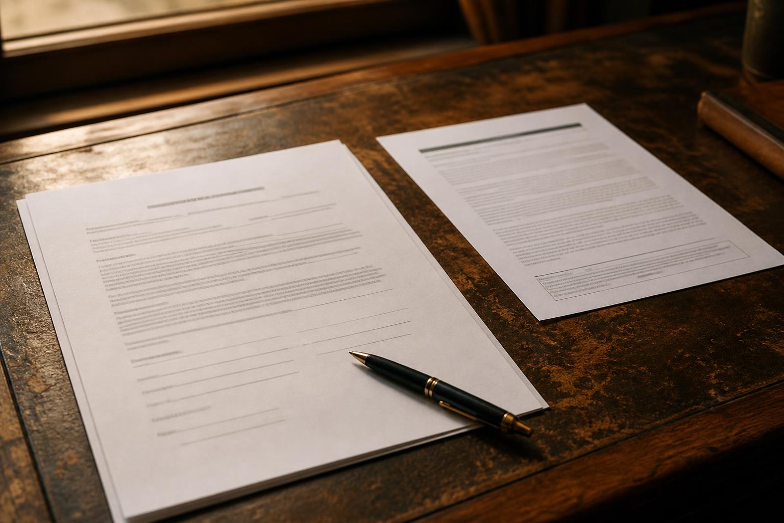 Two printed documents and a black pen rest on a wooden desk