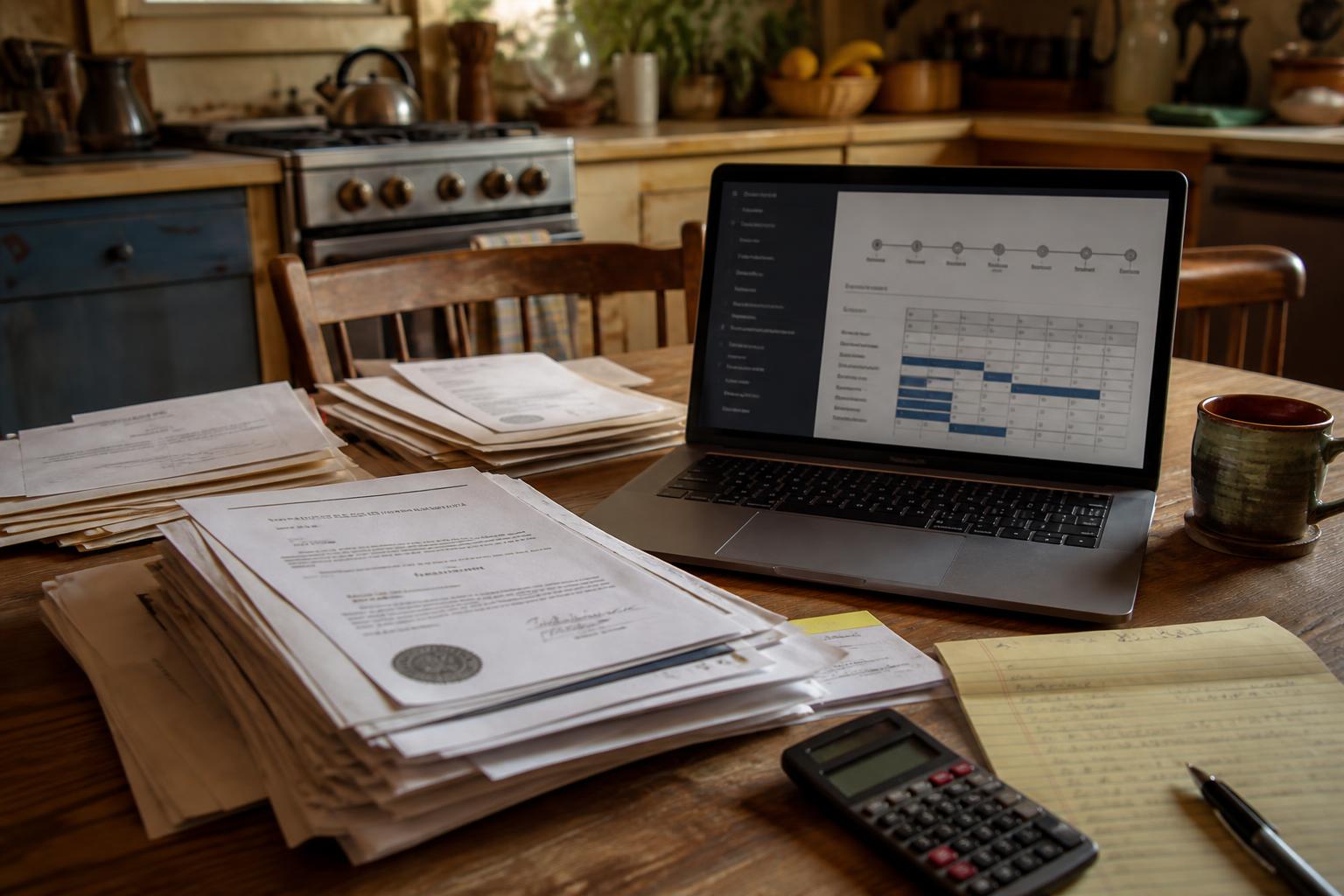 A laptop, papers, calculator, mug, and notepad sit on a kitchen table