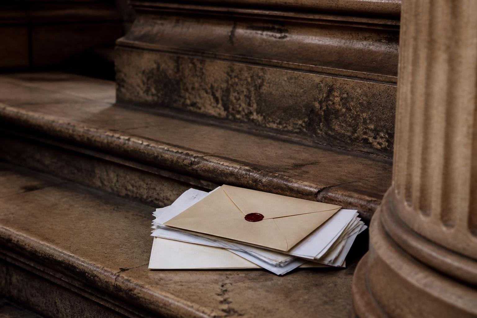 A wax-sealed envelope resting on a stack of letters on weathered stone steps beside a column