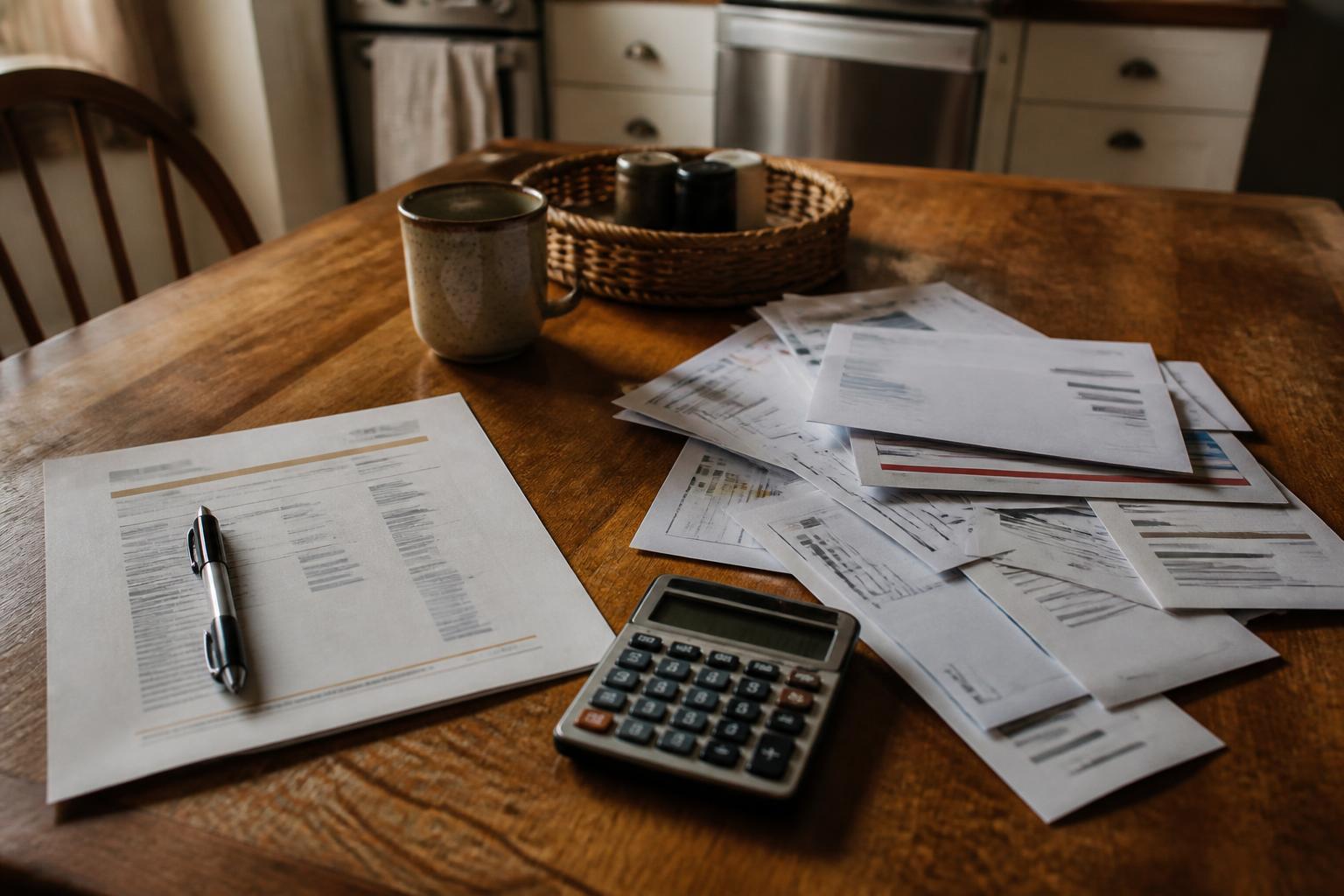 Papers, a calculator, a pen, and a coffee mug spread across a wooden kitchen table