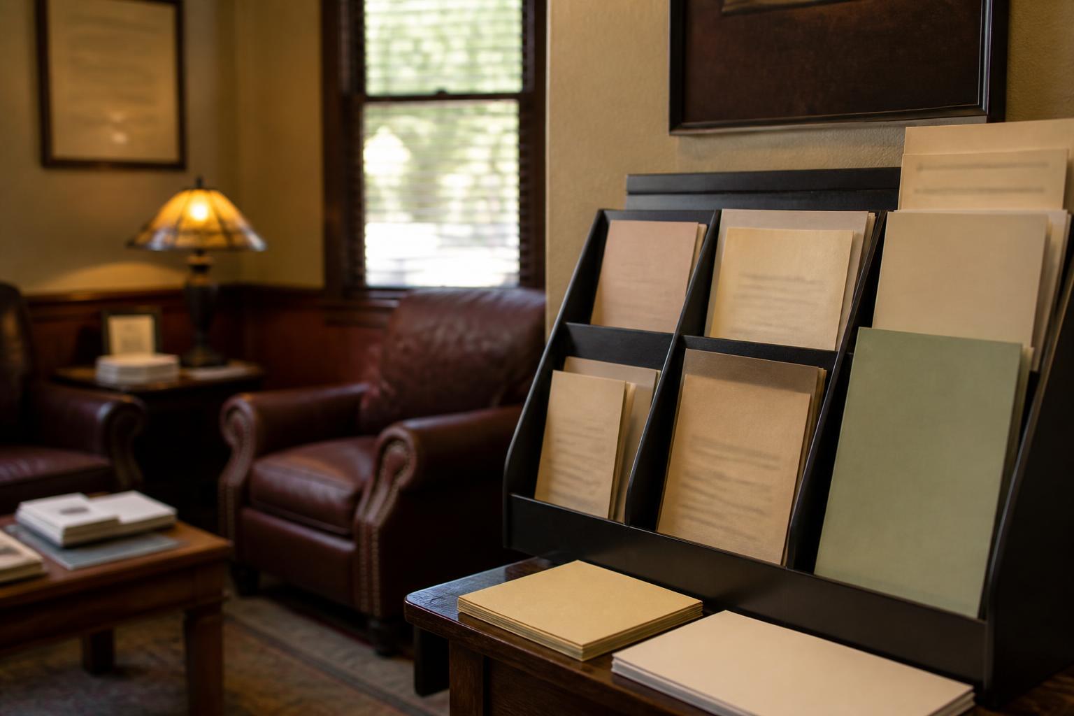 A black display rack holding folders and papers in a room with a leather armchair and lamp