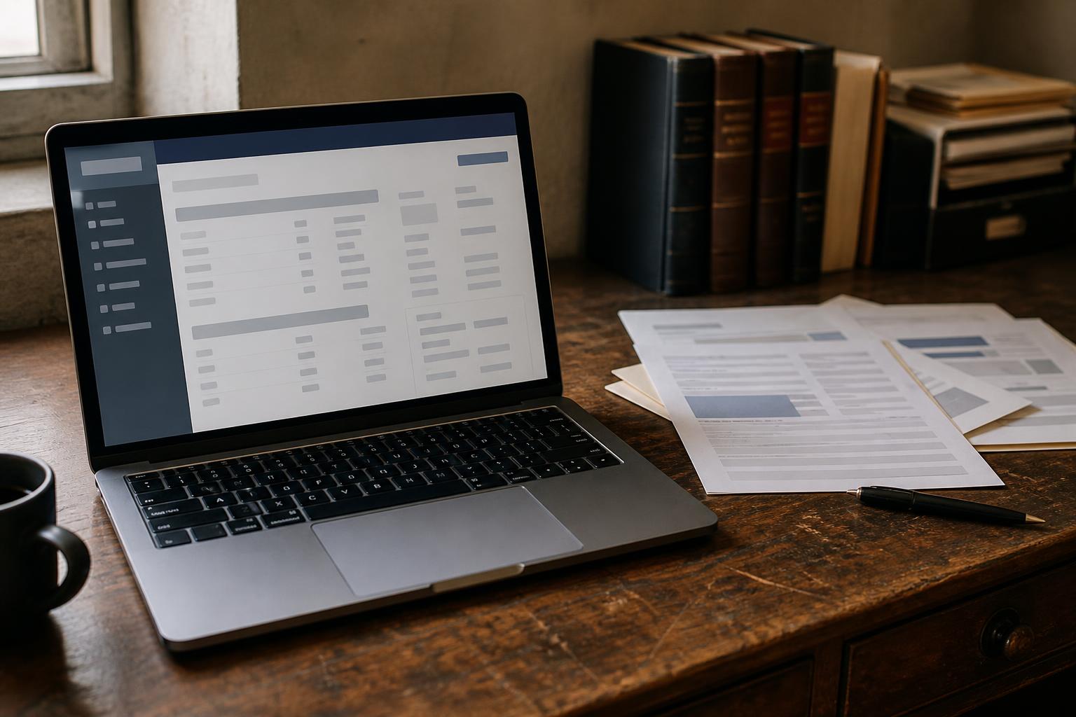 An open laptop displaying a spreadsheet on a wooden desk beside documents, a pen, and books