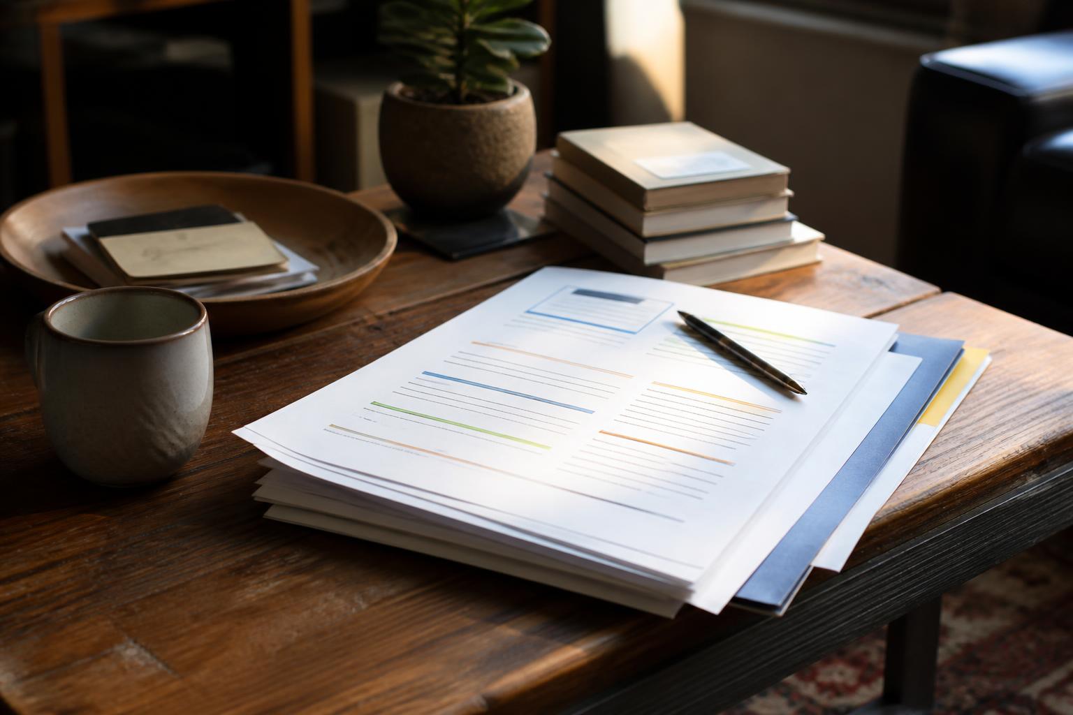 Printed documents with colored highlights, a pen, a mug, books, and a plant on a wooden table