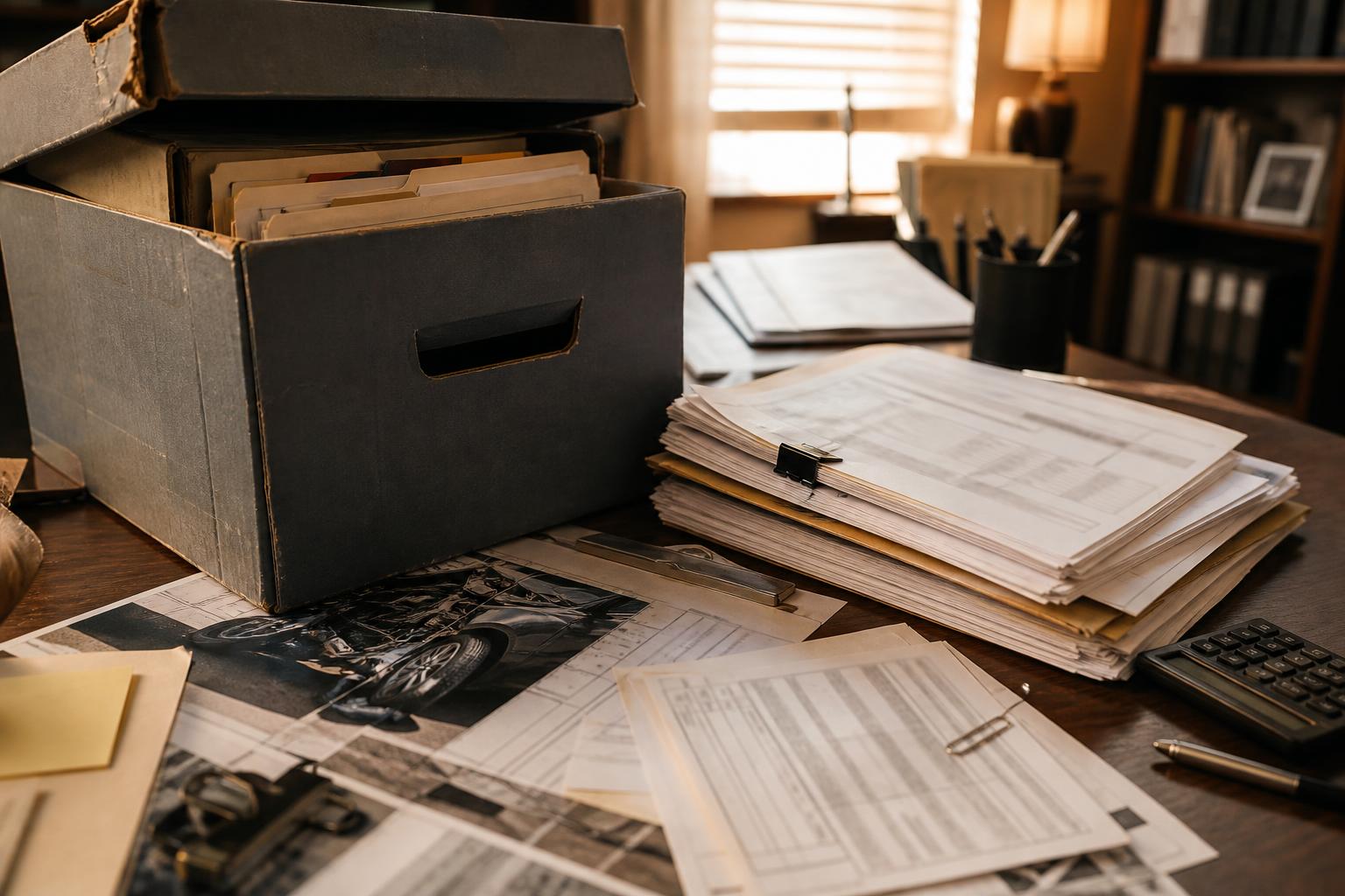 A cardboard file box, stacked papers, photographs, sticky notes, and a calculator on an office desk