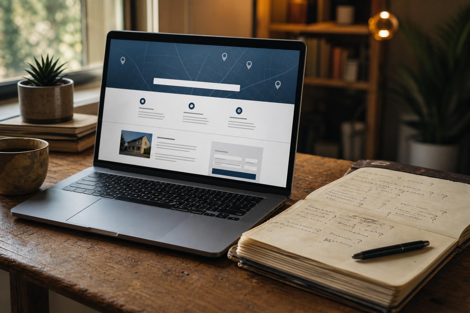 Laptop displays a website beside an open notebook, pen, mug, and potted plant