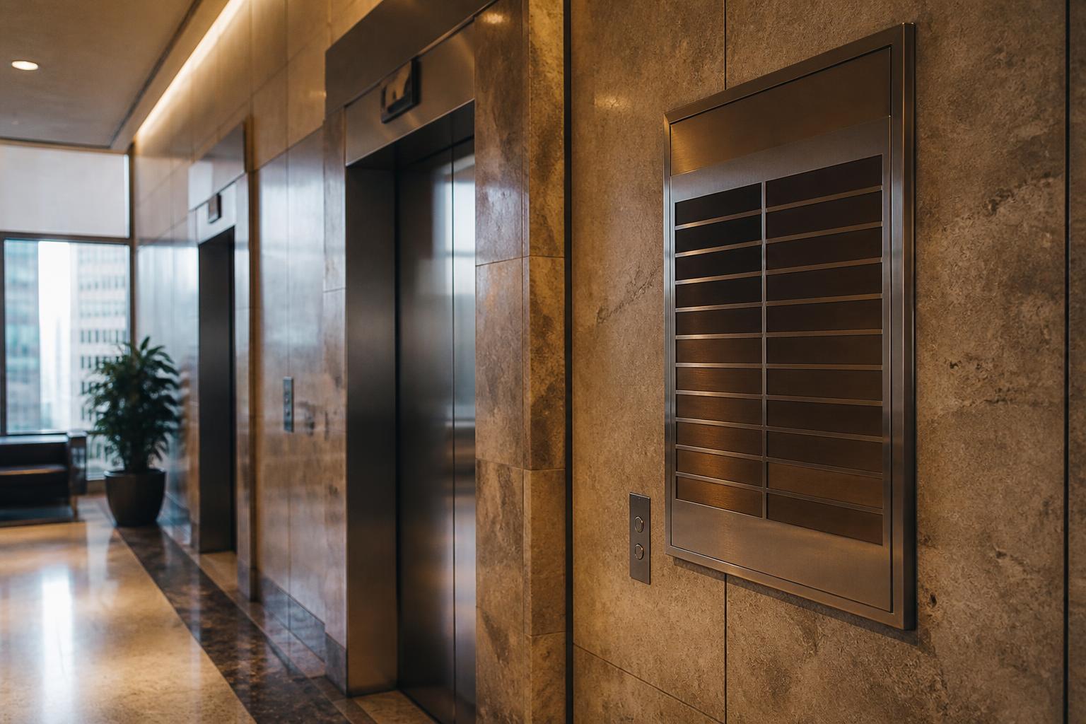 Elevator lobby contains metal doors, stone walls, directory panel, plant, and windows