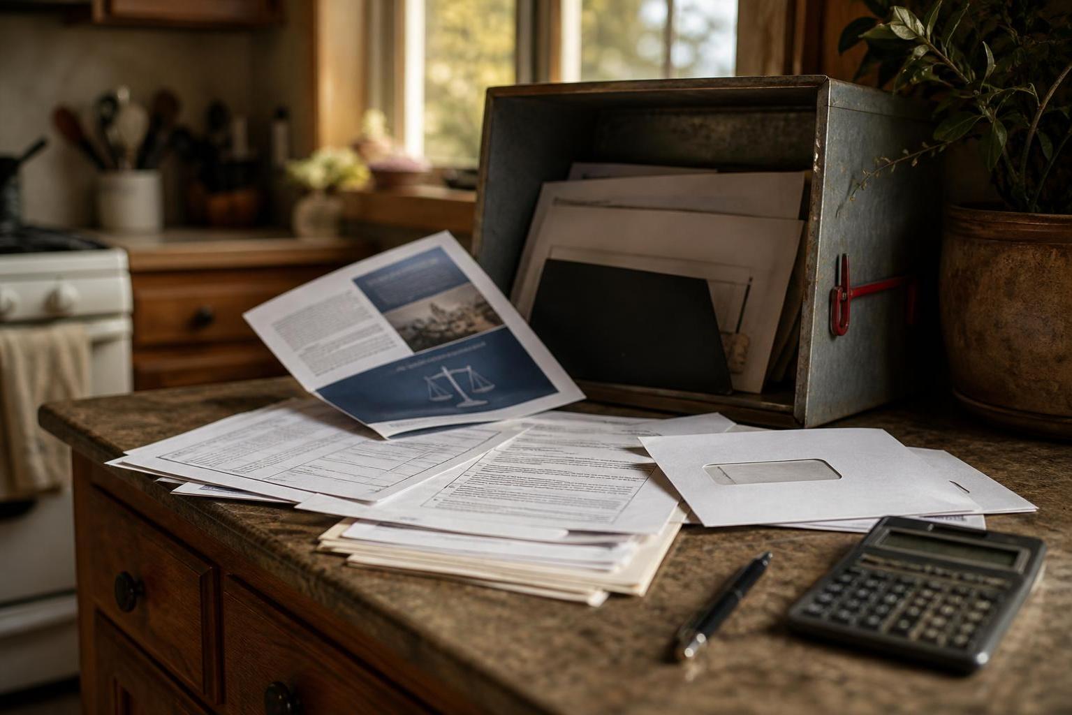 Kitchen counter holds scattered papers, envelopes, calculator, pen, metal organizer, and potted plant