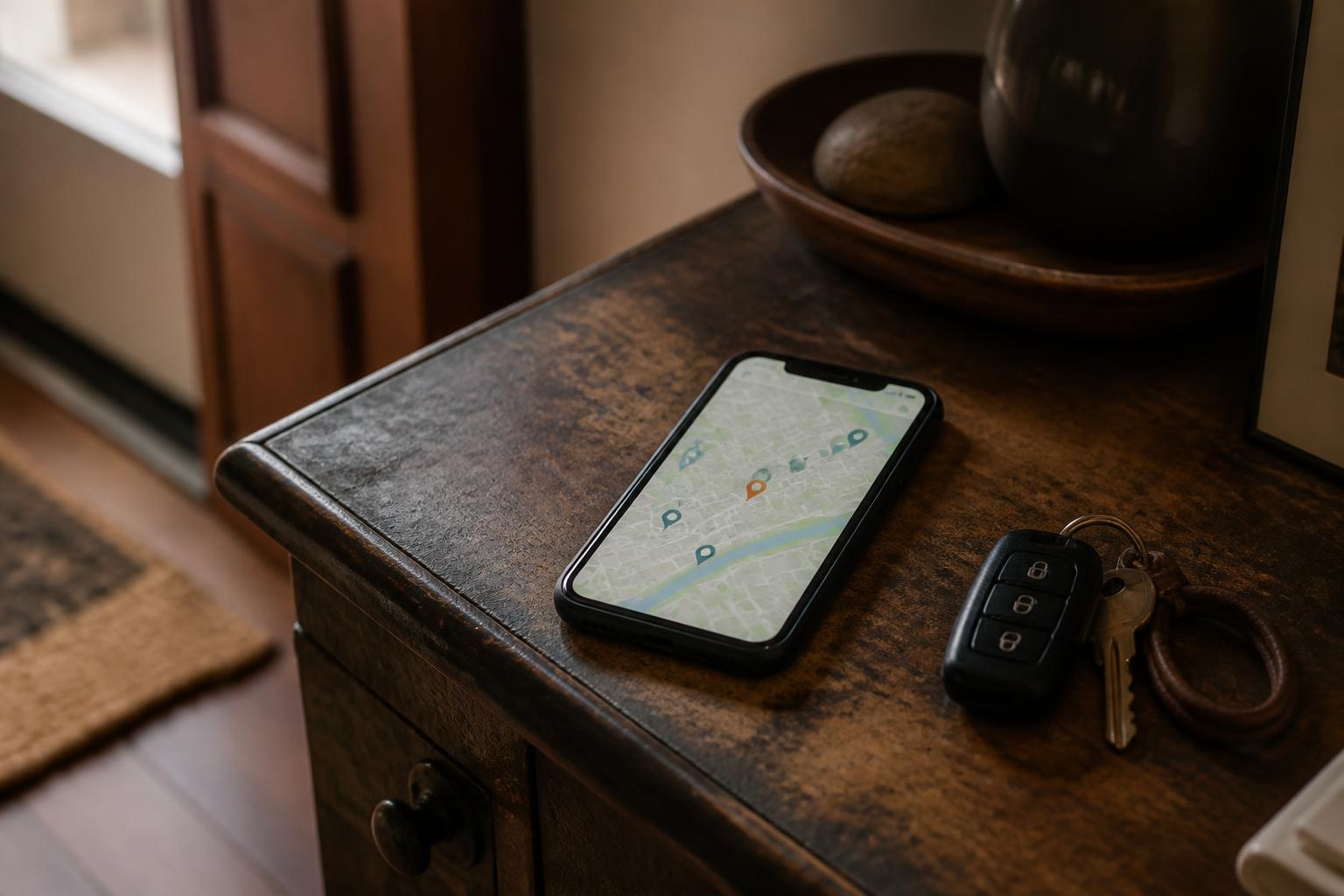 Smartphone showing a map lies on a wooden table beside car keys