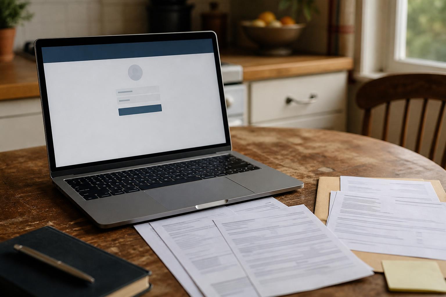 Laptop with login screen sits on wooden table beside papers and notebook