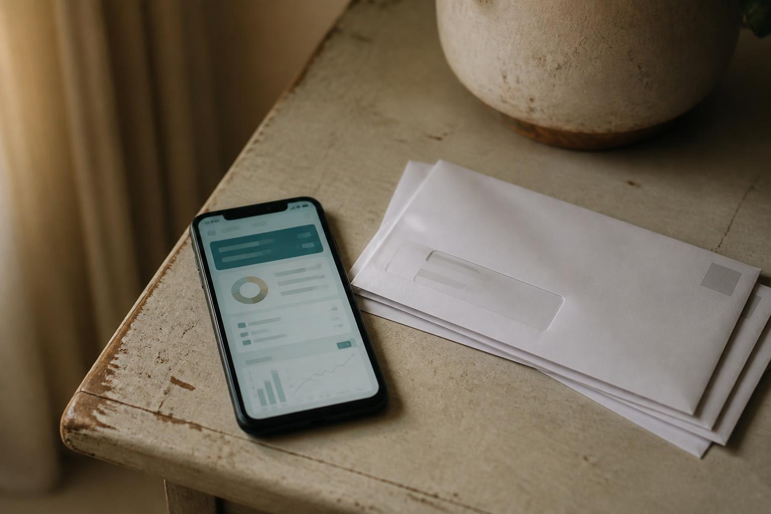 Smartphone displaying charts lies on worn table beside stacked white envelopes