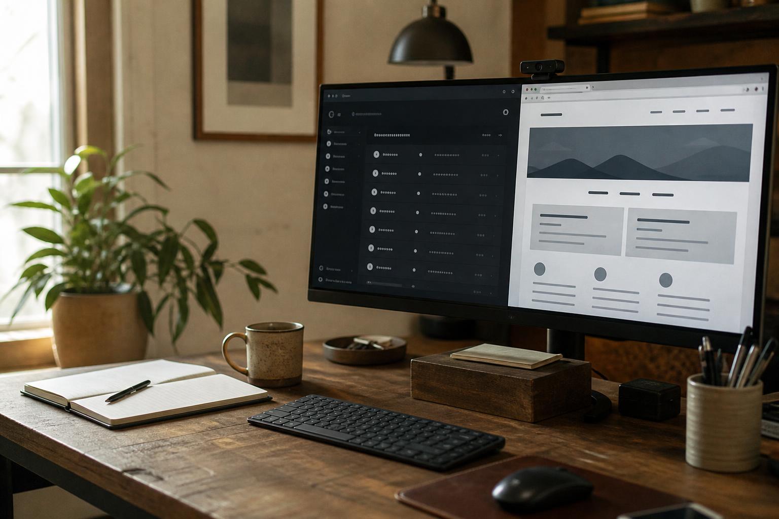 Desk setup includes dual monitor, keyboard, mug, notebook, plant, and pens