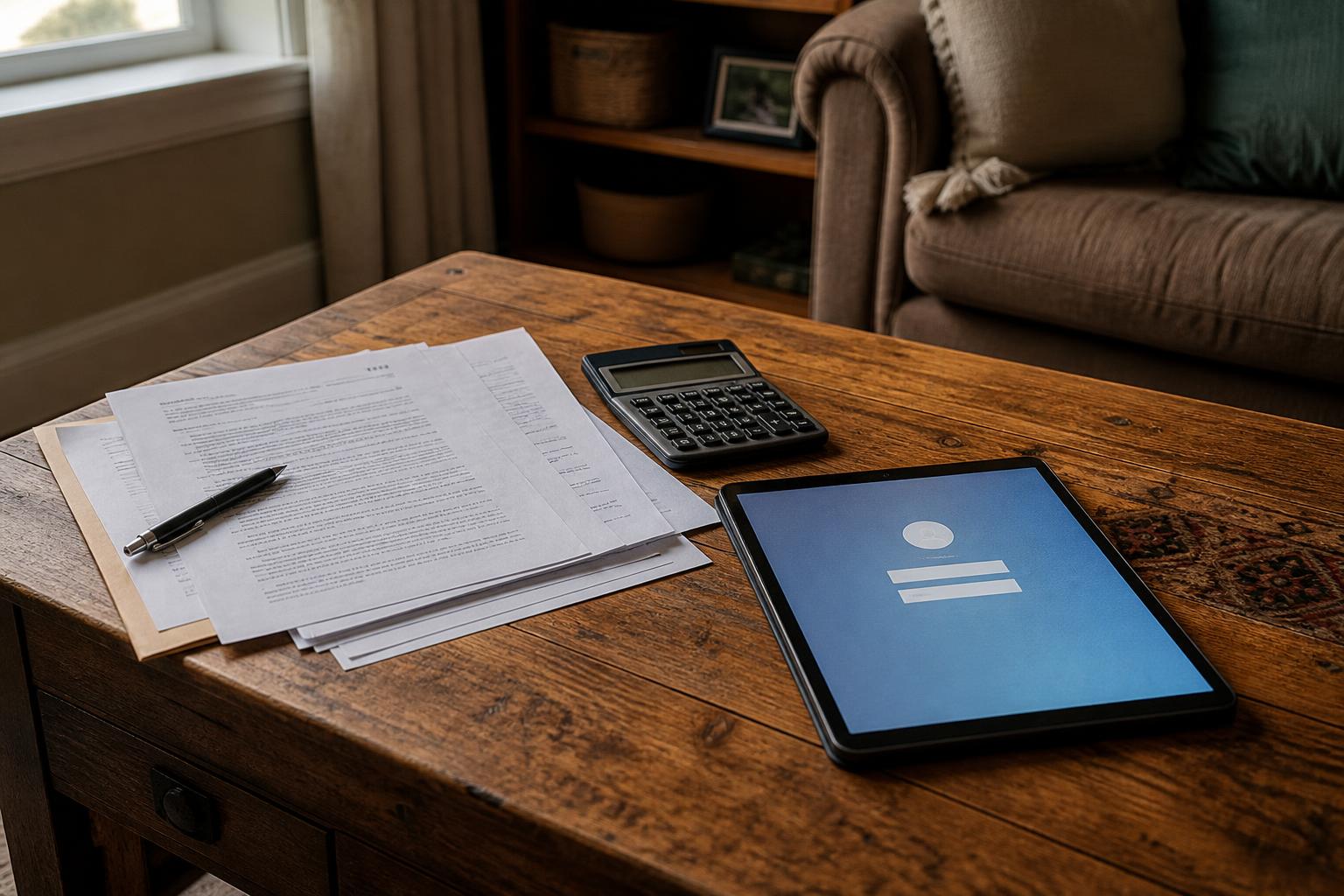 Tablet login screen, calculator, pen, and papers sit on wooden coffee table