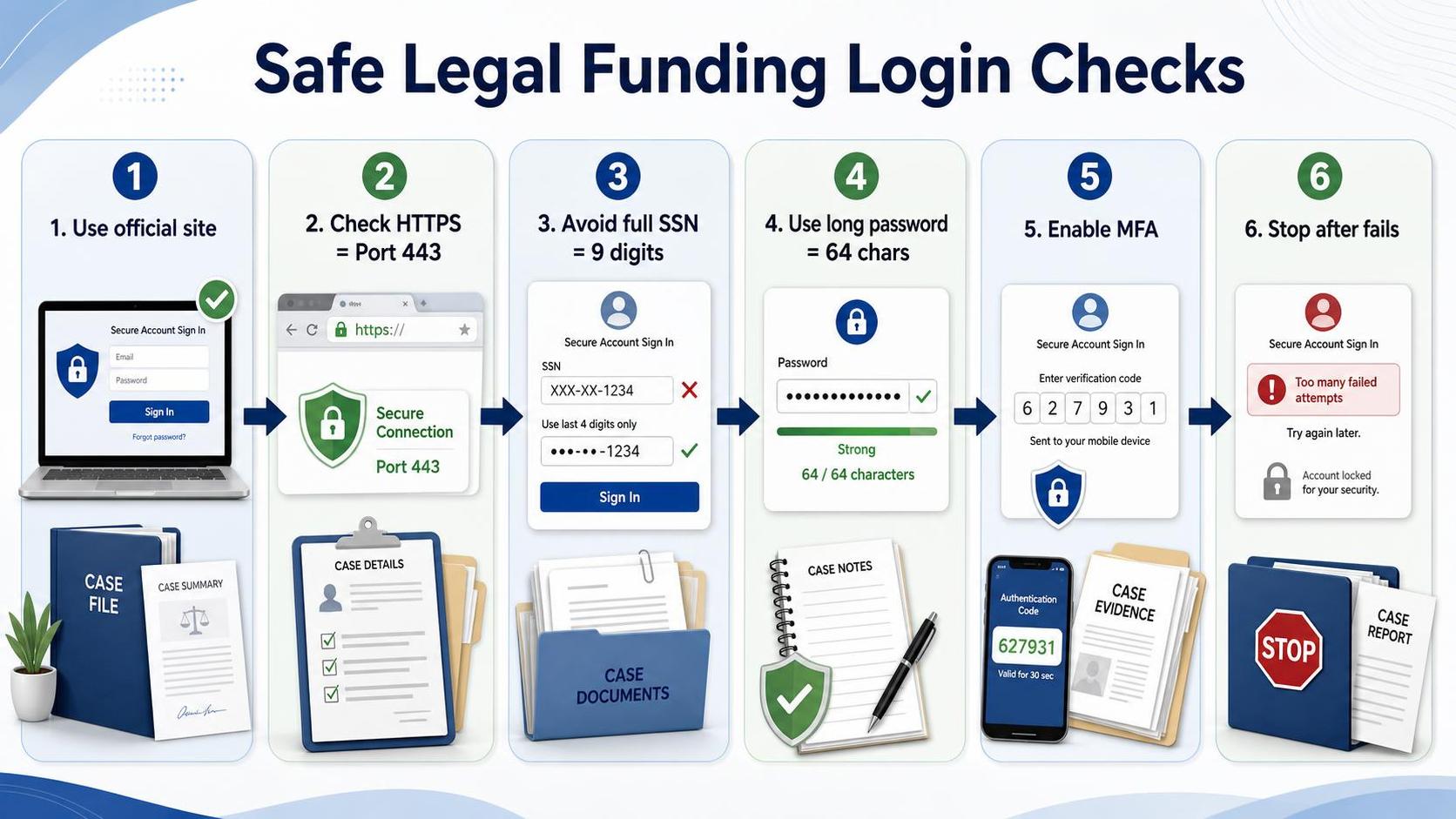 Infographic shows six login safety panels with devices, documents, folders, and security icons