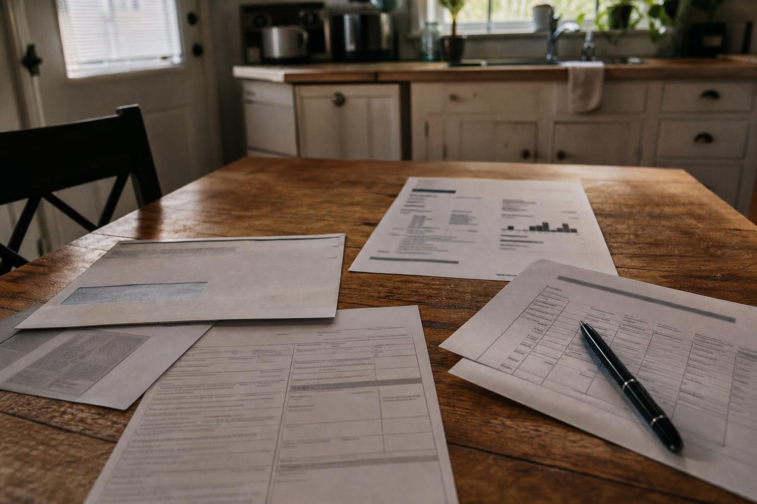 Paper forms and a pen lie on a wooden table in a kitchen