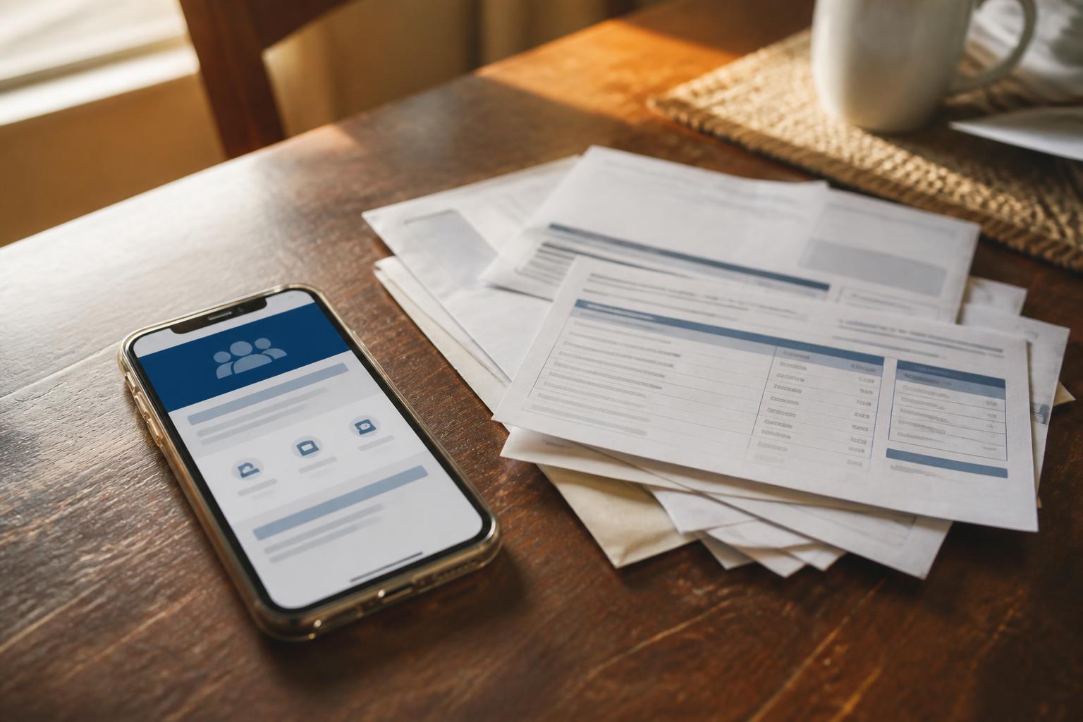 A smartphone, paper forms, and a mug sit on a wooden table