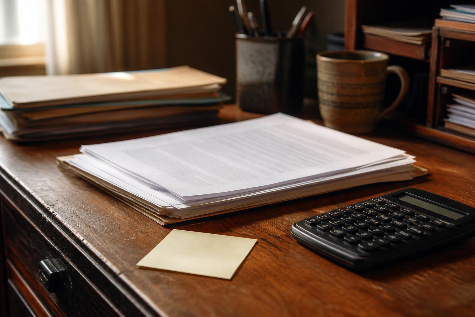 Stacks of papers, a calculator, and a mug sit on a wooden desk