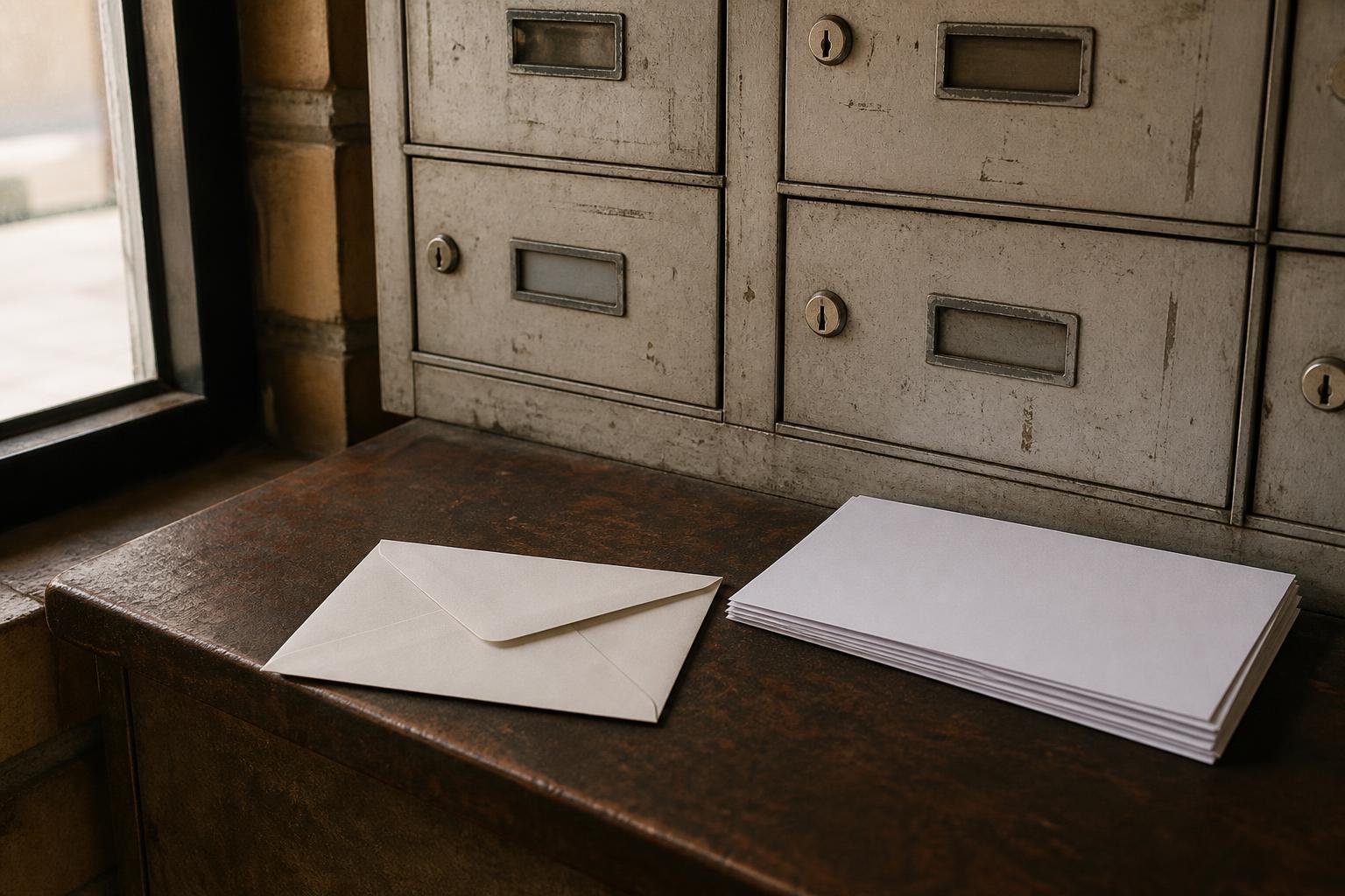 An envelope and paper stack sit below metal mailboxes near a window