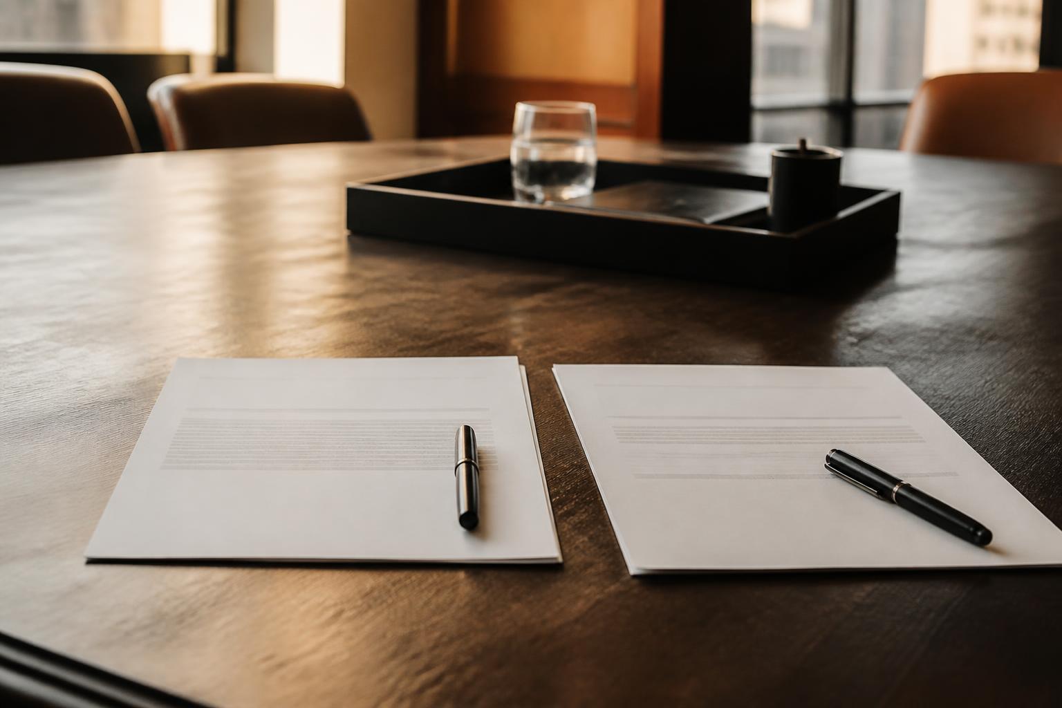 Two documents with pens lie on a wooden conference table near chairs and windows