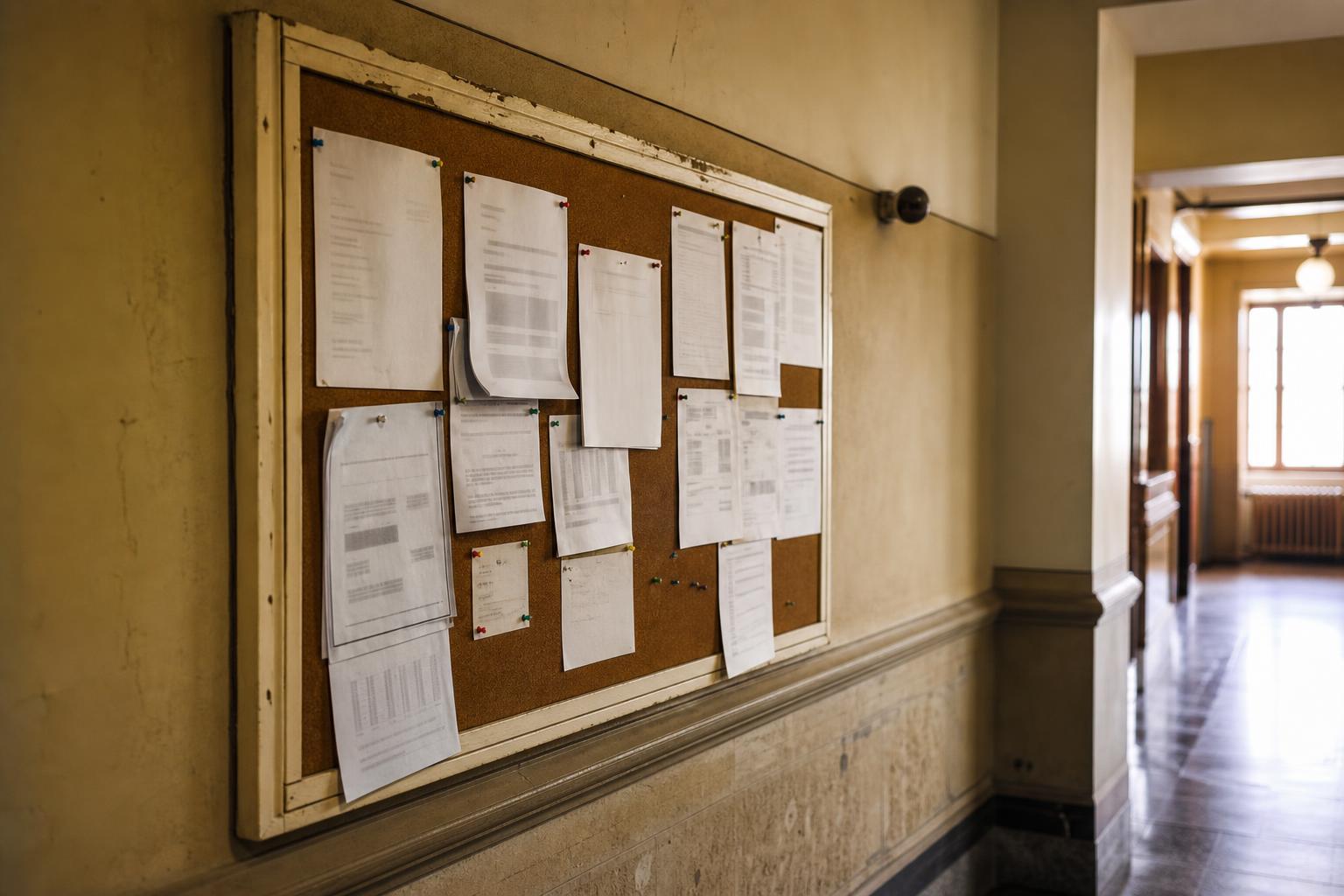 Pinned papers cover a cork bulletin board in a hallway with worn walls