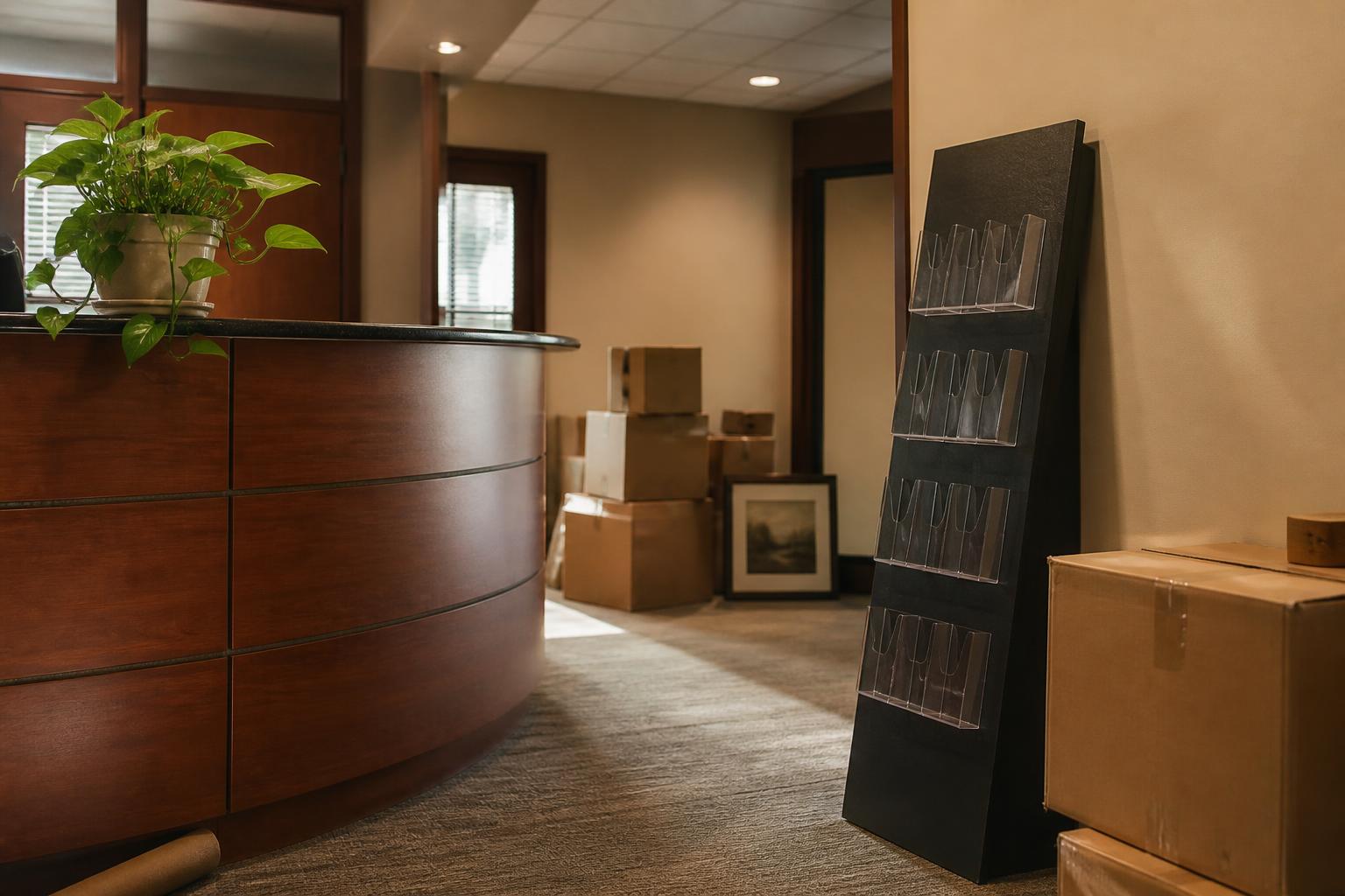 Office boxes and an empty brochure stand sit beside a curved reception desk