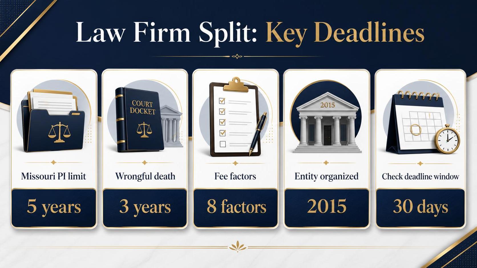 A graphic shows five deadline cards with legal icons and text on a navy background
