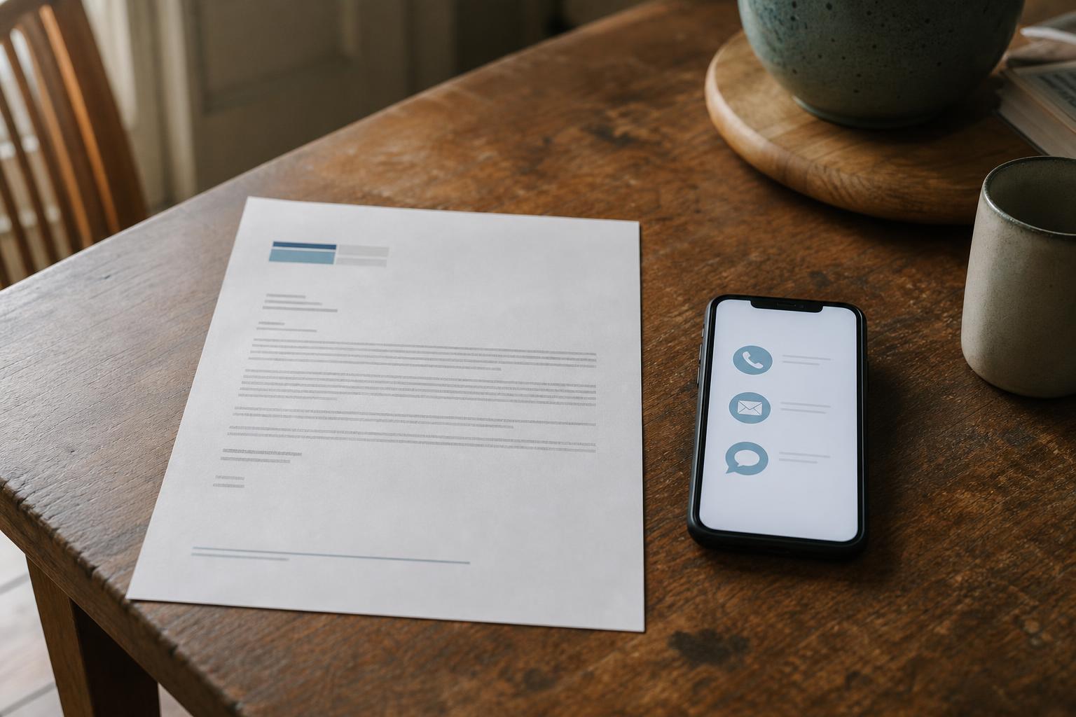 Document and smartphone with contact icons sit on a wooden table