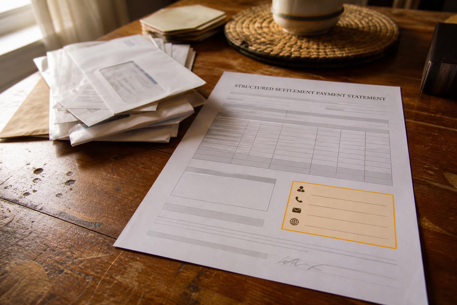 Structured settlement payment statement lies beside stacked envelopes on a wooden table