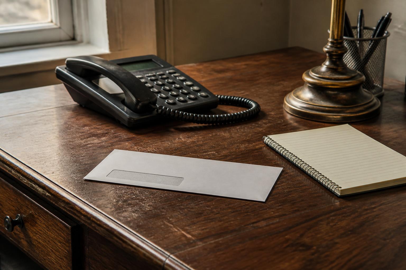 Desk holds a corded phone, envelope, notebook, lamp, and pen cup