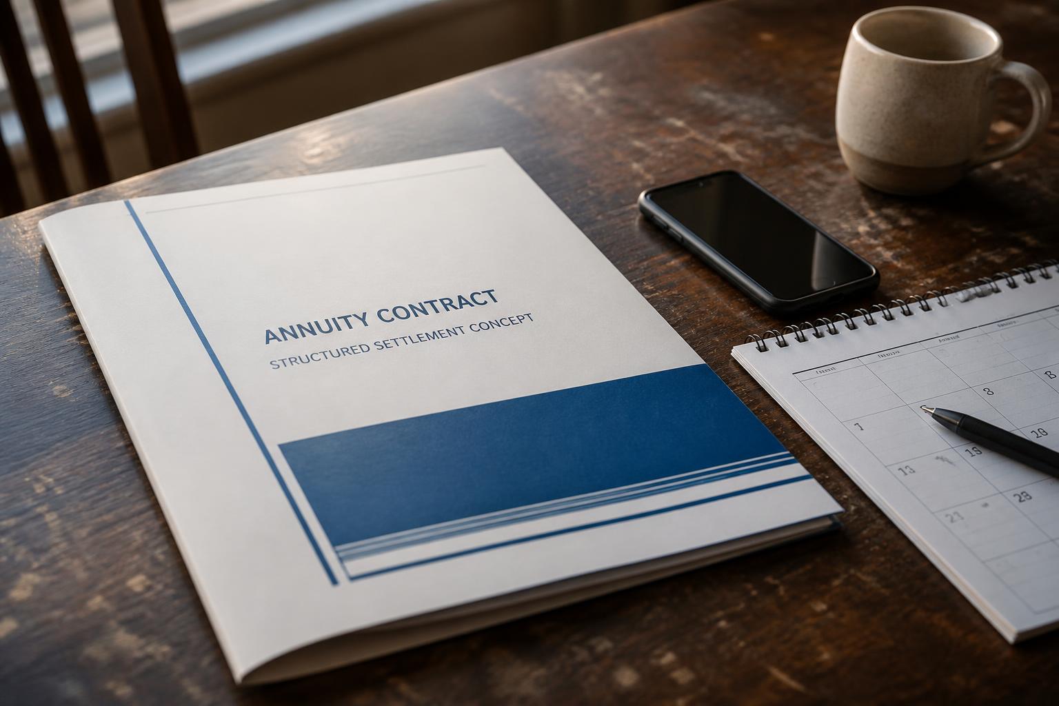 Annuity contract folder, phone, mug, and calendar rest on a wooden table