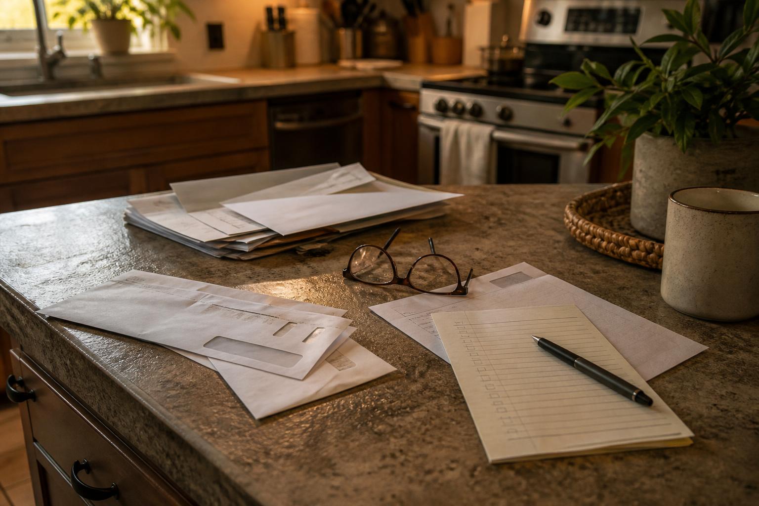 Kitchen island holds envelopes, papers, glasses, mug, plant, notebook, and pen
