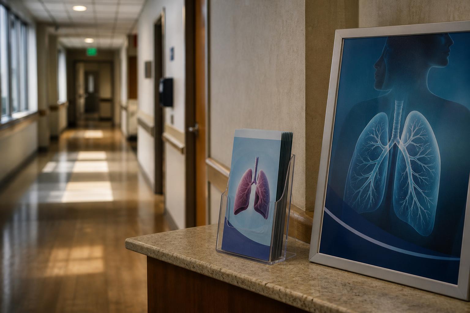 Hospital hallway counter displays lung brochures and a framed lung illustration