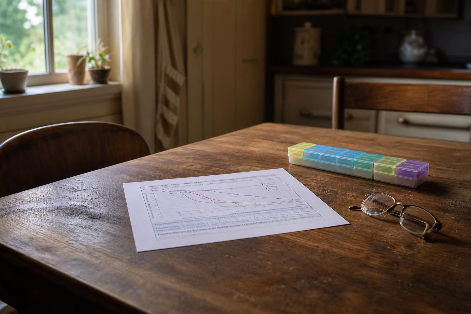Wooden table holds a chart printout, pill organizer, and eyeglasses near a window