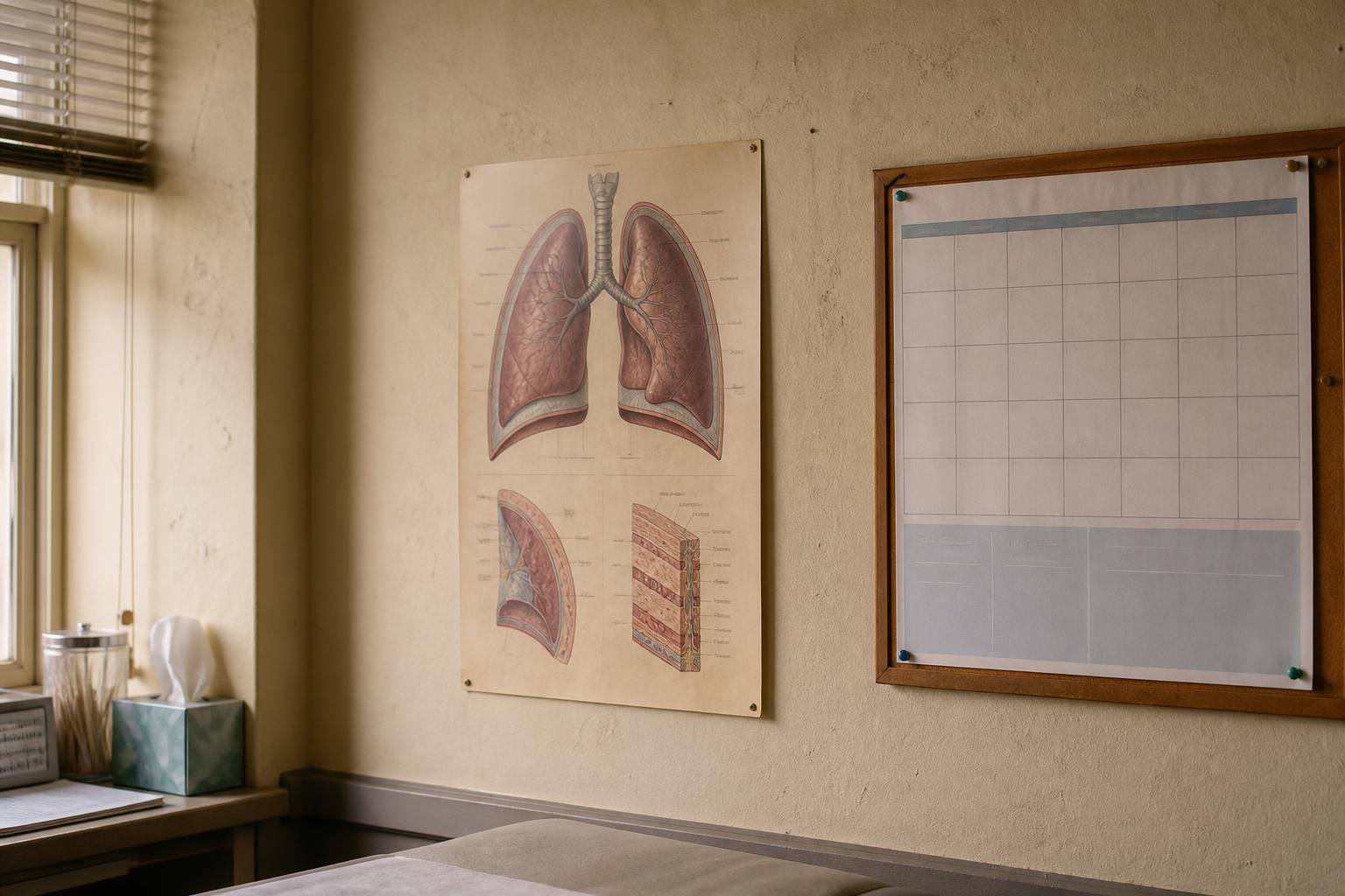 Exam room wall displays a lung anatomy poster and blank calendar board
