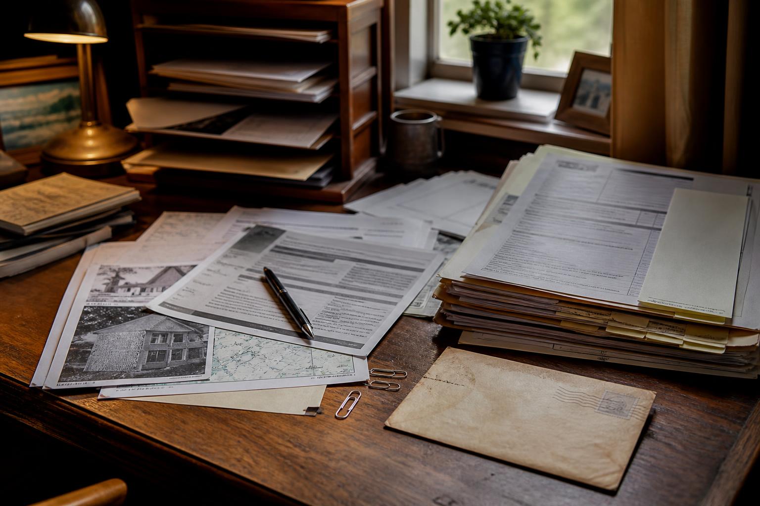 Wooden desk holds papers, folders, envelope, pen, lamp, and paper clips