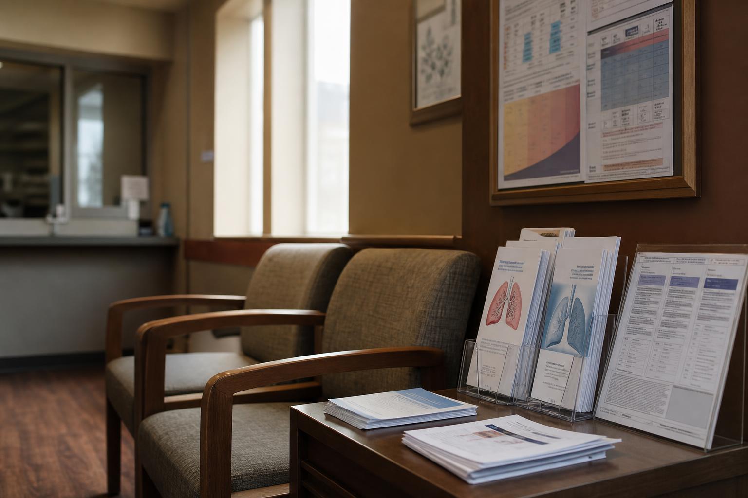 Waiting room contains chairs, lung brochures, documents, and framed wall charts