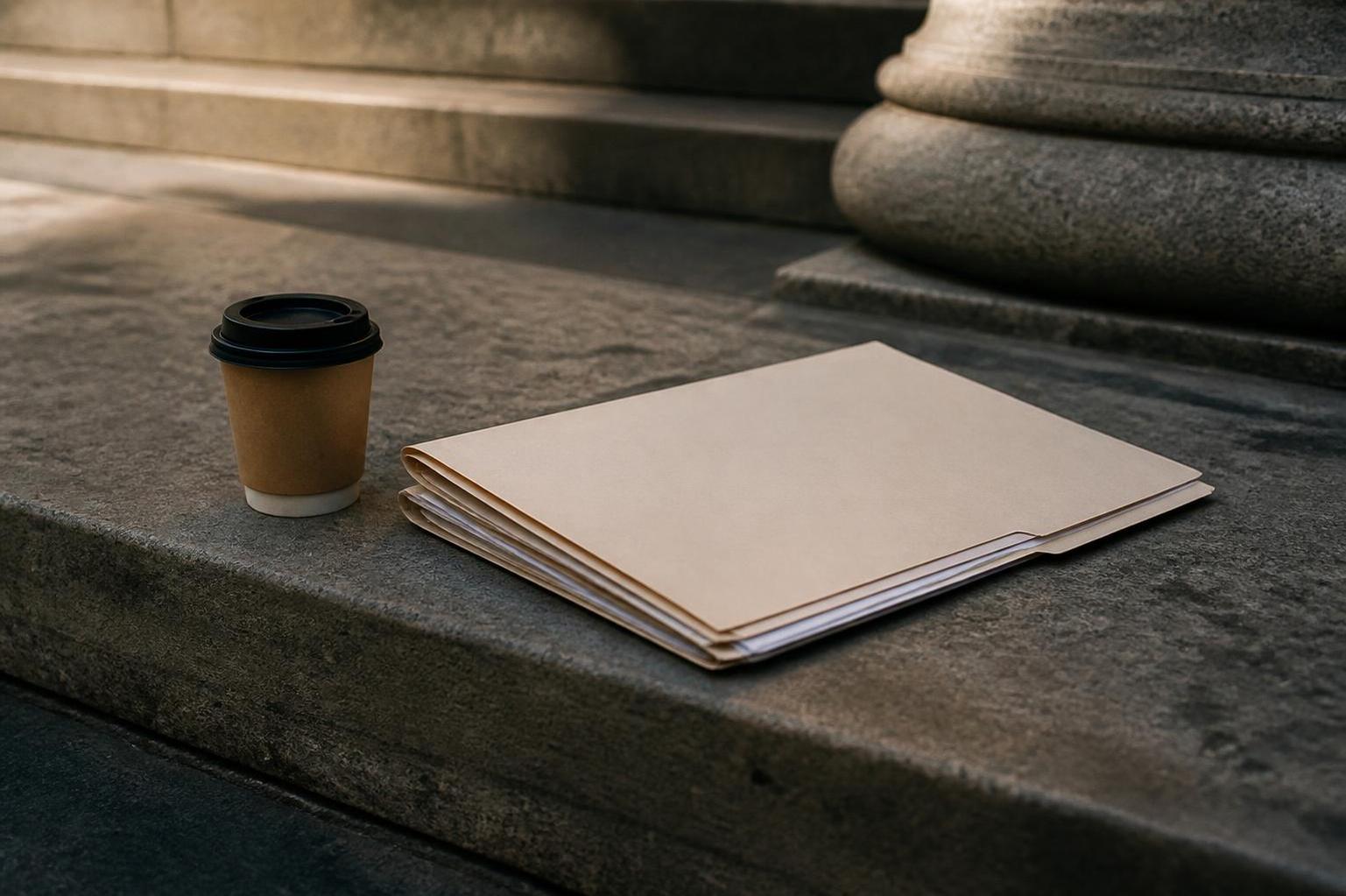 A takeaway cup and folder rest on stone steps beside a column