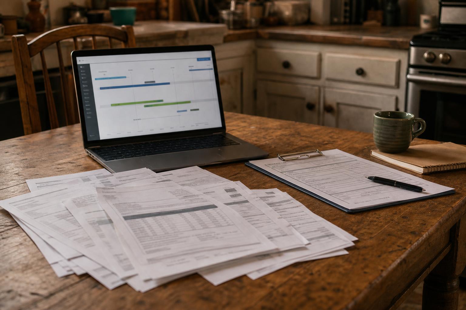 A laptop, papers, clipboard, pen, and mug sit on a wooden table