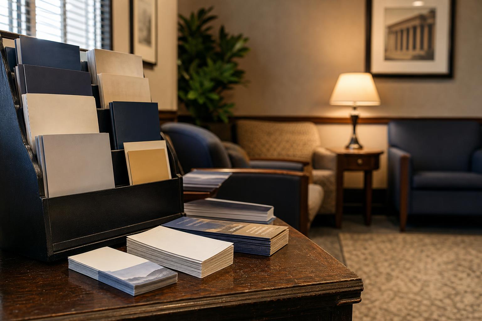 Brochures and folders sit on a table in an office waiting area